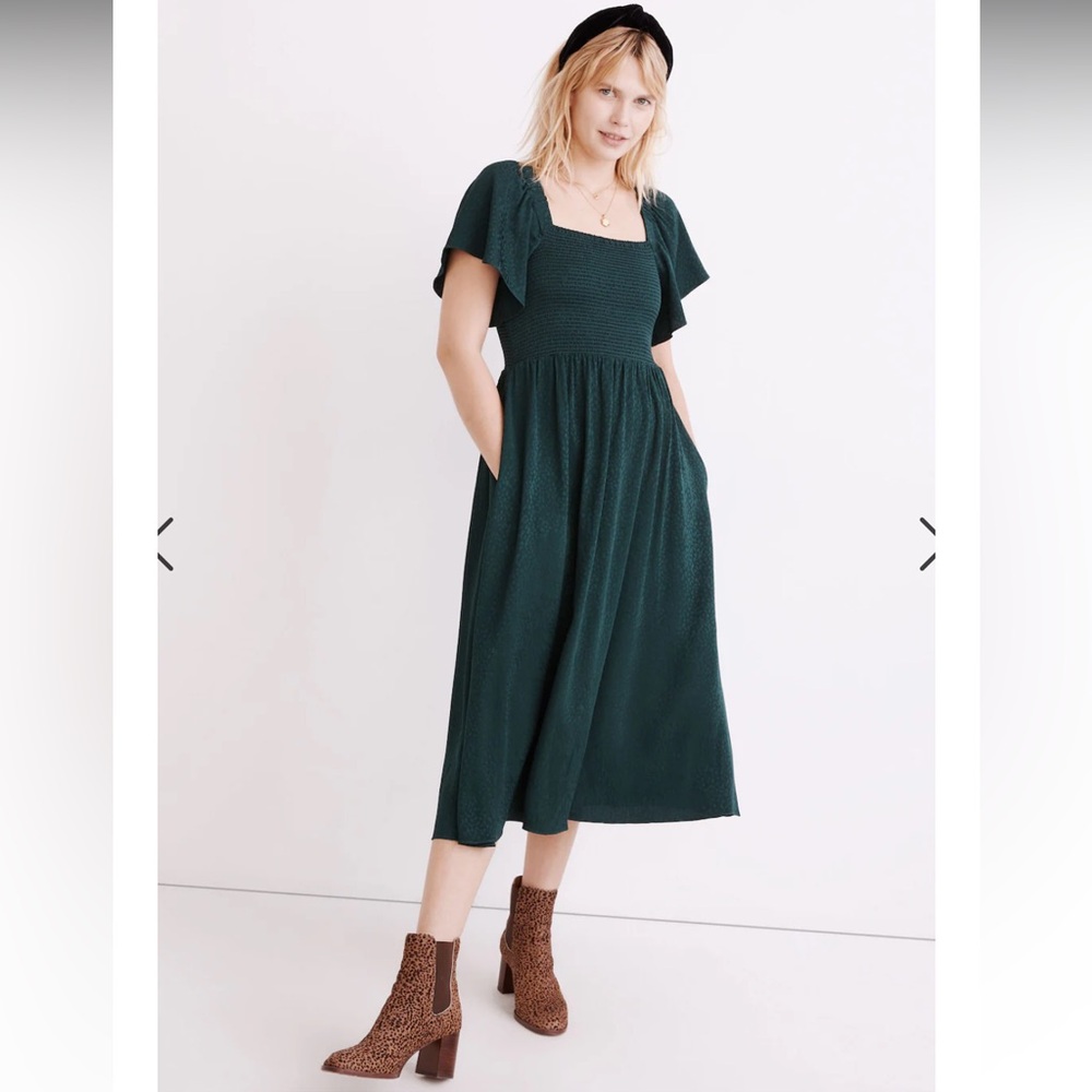 Madewell Lucie Smocked Midi Dress in Cheetah Jacquard XS